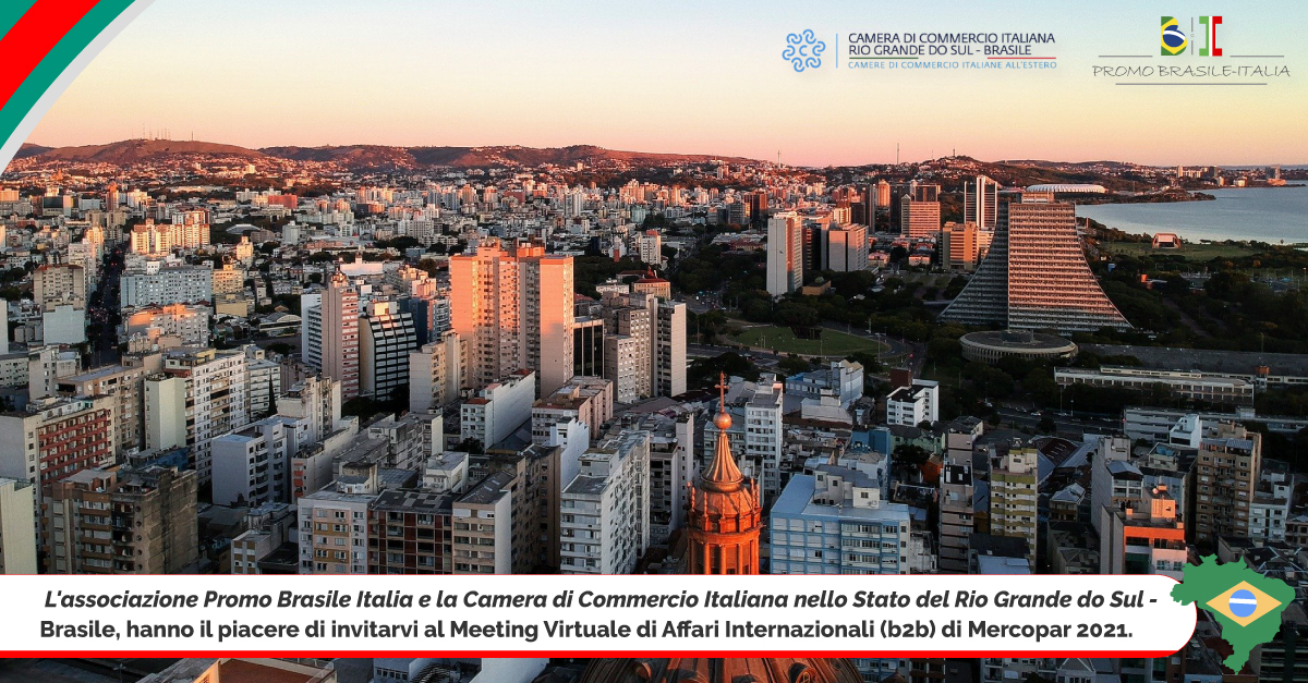 L'associazione Promo Brasile Italia e la Camera di Commercio Italiana nello Stato del Rio Grande do Sul - Brasile, hanno il piacere di invitarvi al Meeting Virtuale di Affari Internazionali (b2b) di Mercopar 2021.